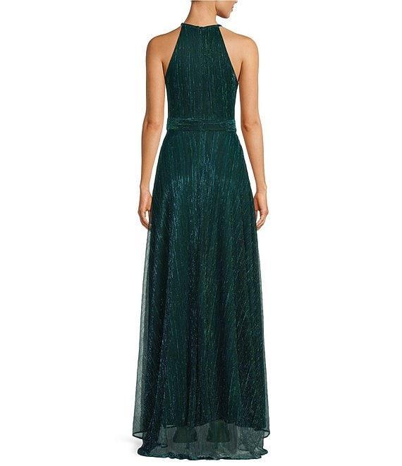 Betsy & Adam Metallic Crinkle Halter Neck Sleeveless Gown Product Image