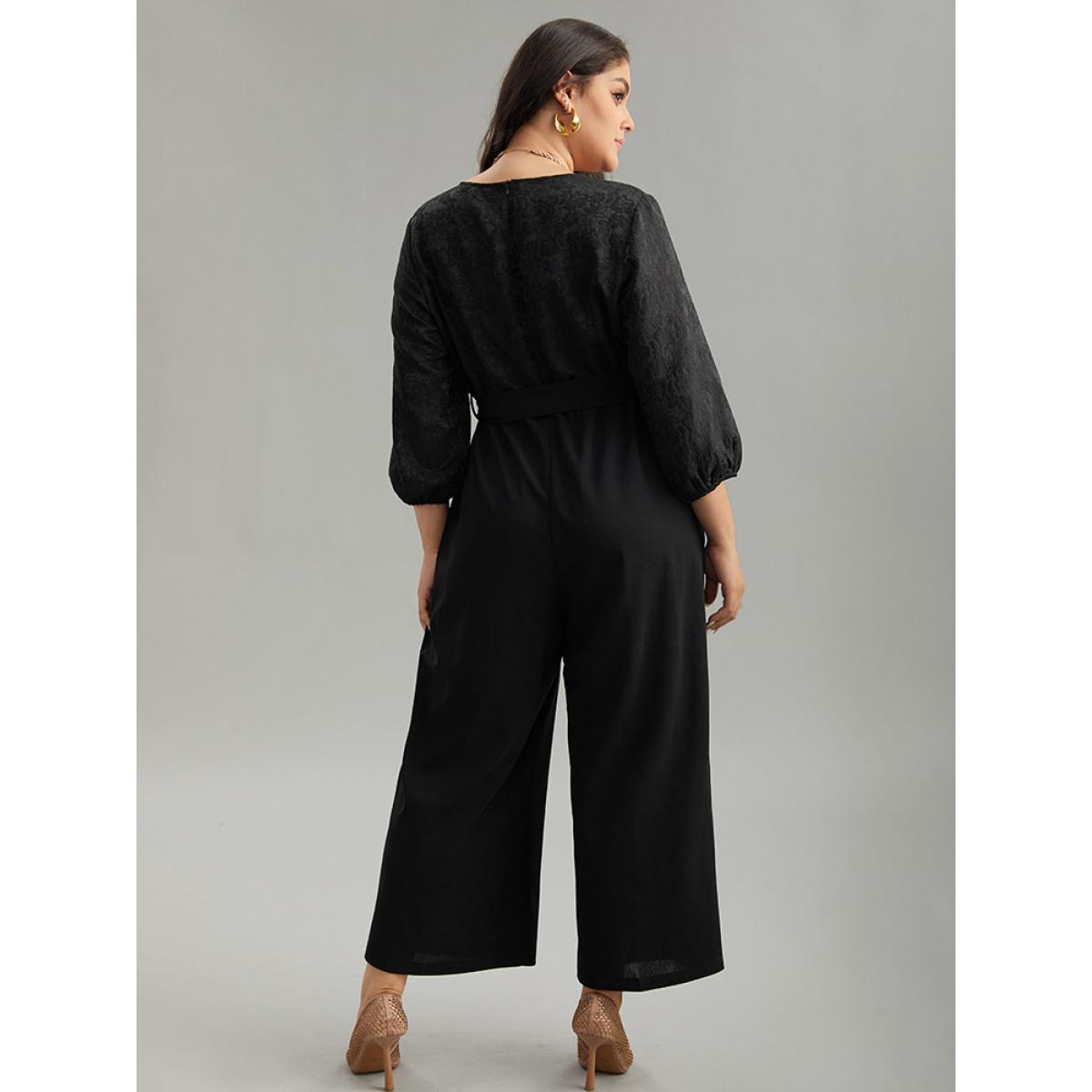Plus Size Black Plain Textured Belted Wrap Jumpsuit Women Party Elbow-length sleeve Overlap Collar Going out Loose Jumpsuits BloomChic 30/6X Product Image