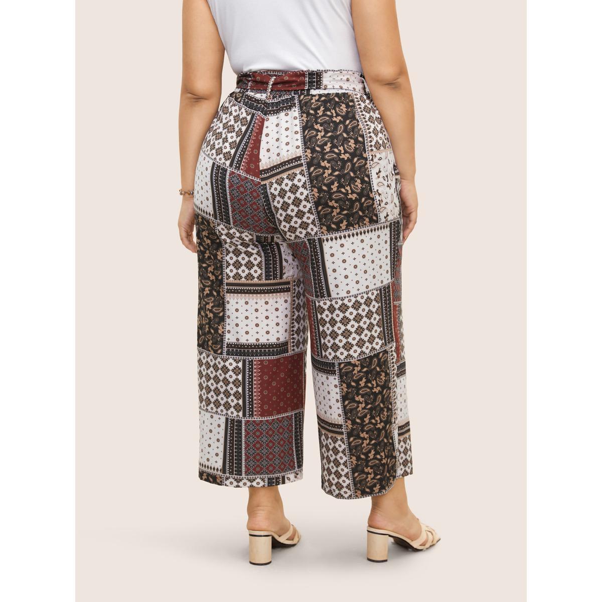 Plus Size Patchwork Floral Belted Wide Leg Pants Women Deepred Resort Wide Leg High Rise Vacation Pants BloomChic 14-16/1X Product Image
