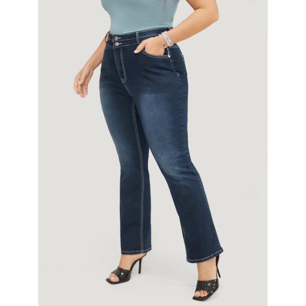 Plus Size Very Stretchy High Rise Dark Wash Contrast Stitching Jeans Women DarkBlue Casual Plain High stretch Pocket Jeans BloomChic 20/2X Product Image