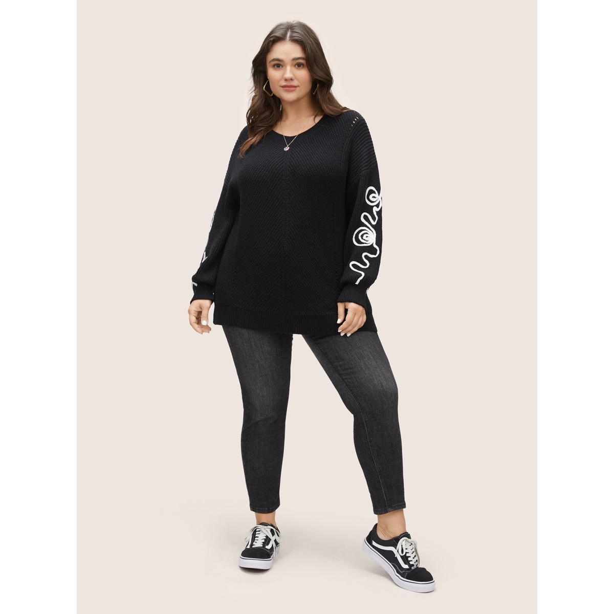 Plus Size Contrast Embroidered Crew Neck Pointelle Pullover Black Women Casual Long Sleeve Round Neck Everyday Pullovers BloomChic 22-24/3X Product Image