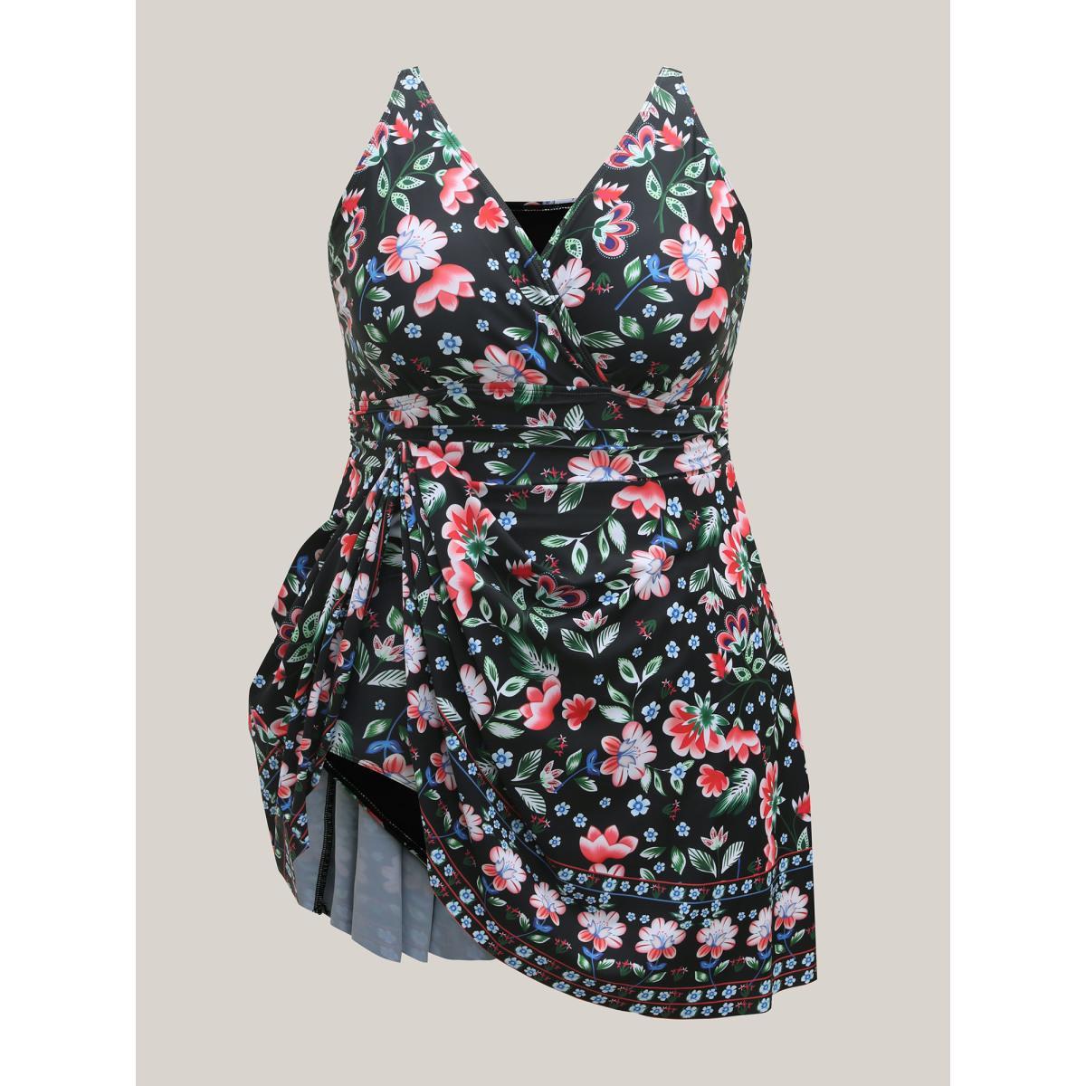 Plus Size Floral Print Surplice Neck Swim Dress Women's Swimwear Black Beach Bodycon Overlap Collar High stretch Curve Swim Dresses BloomChic 26/4X Product Image