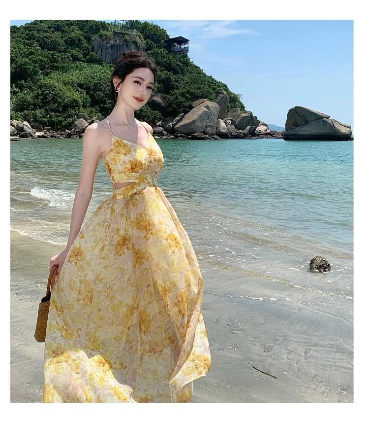 Spaghetti Strap V-Neck Cutout Floral Print Maxi A-Line Dress Product Image
