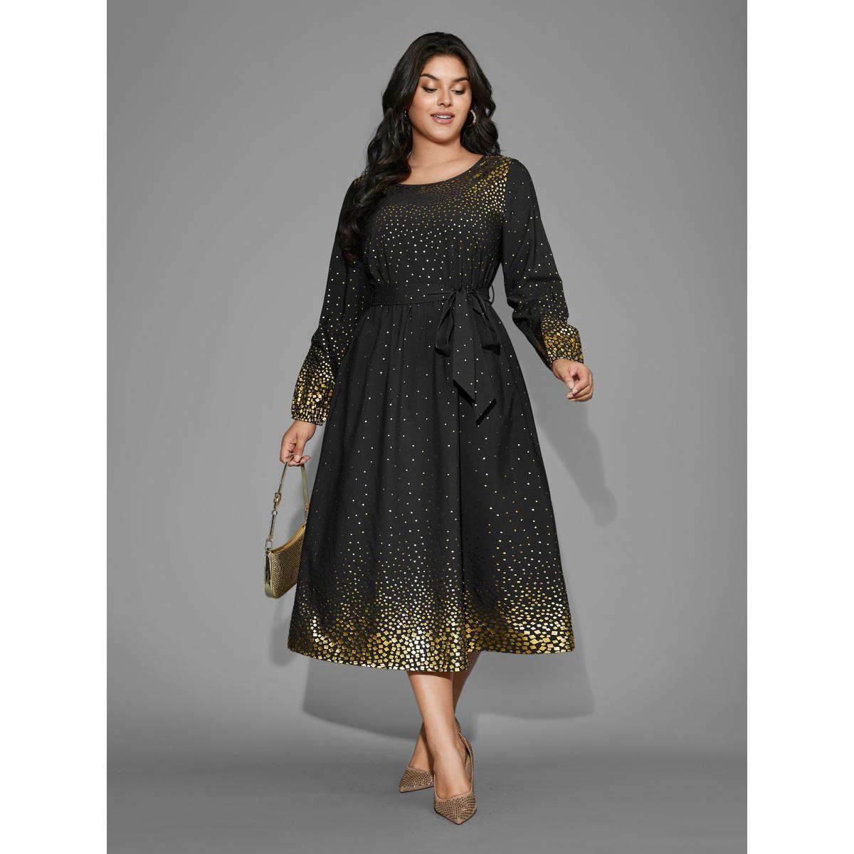 Plus Size Glitter Round Neck Belted Lantern Sleeve Dress Plum Women Cocktail Texture Party Curvy Bloomchic 28/5X Product Image