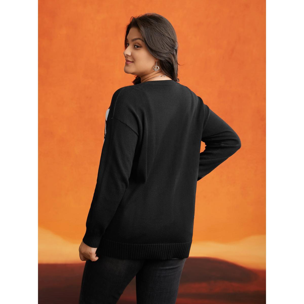 Plus Size Supersoft Essentials Spider Printed Jacquard Pullover Black Women Casual Loose Long Sleeve Round Neck Everyday Pullovers BloomChic 12/L Product Image