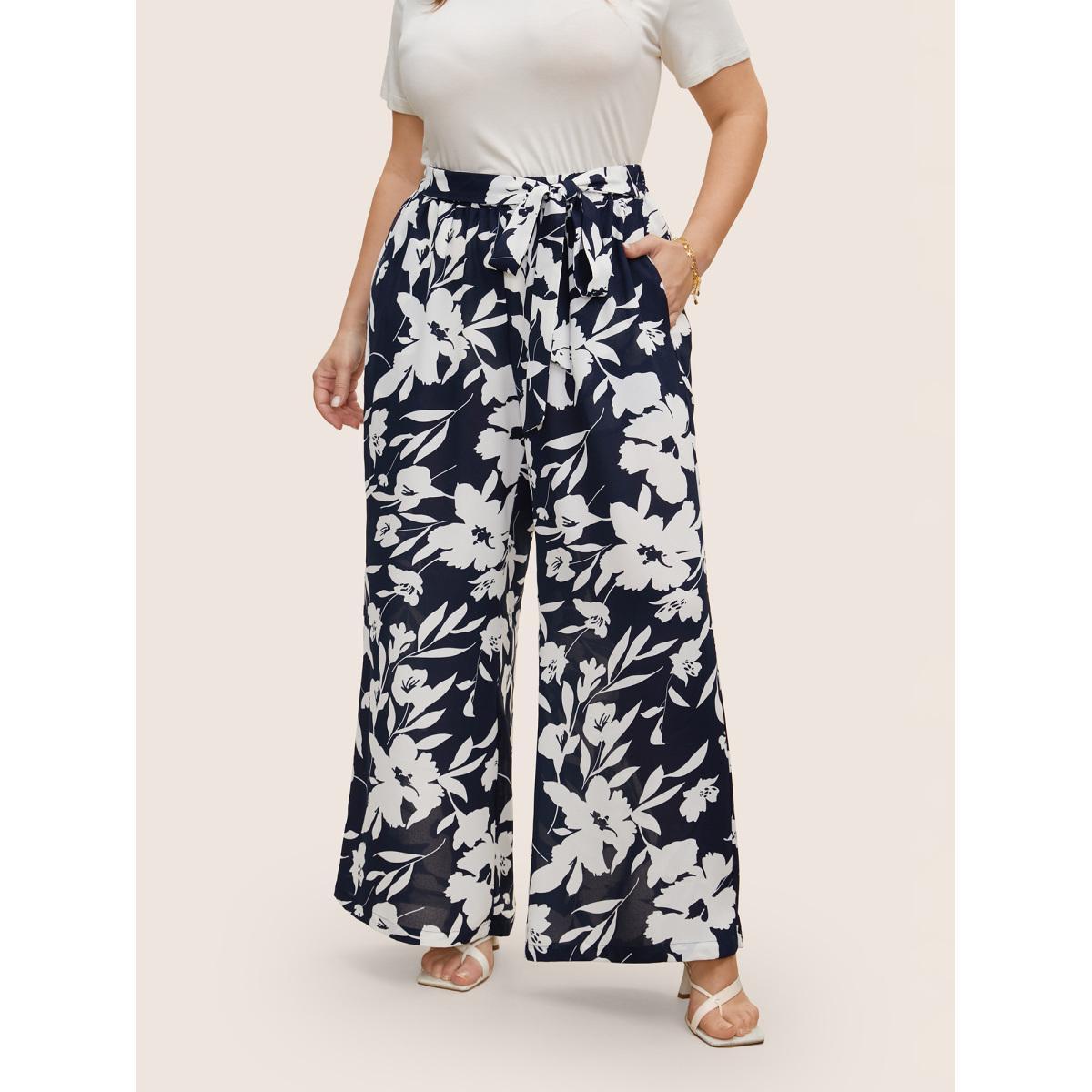 Plus Size Silhouette Floral Print Ties Side Seam Pocket Pants Women Indigo Elegant Wide Leg High Rise Everyday Pants BloomChic 30/6X Product Image