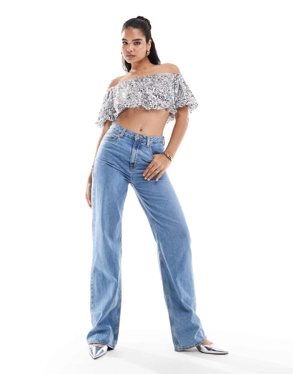 ASOS DESIGN sequin bubble hem top in silver Product Image