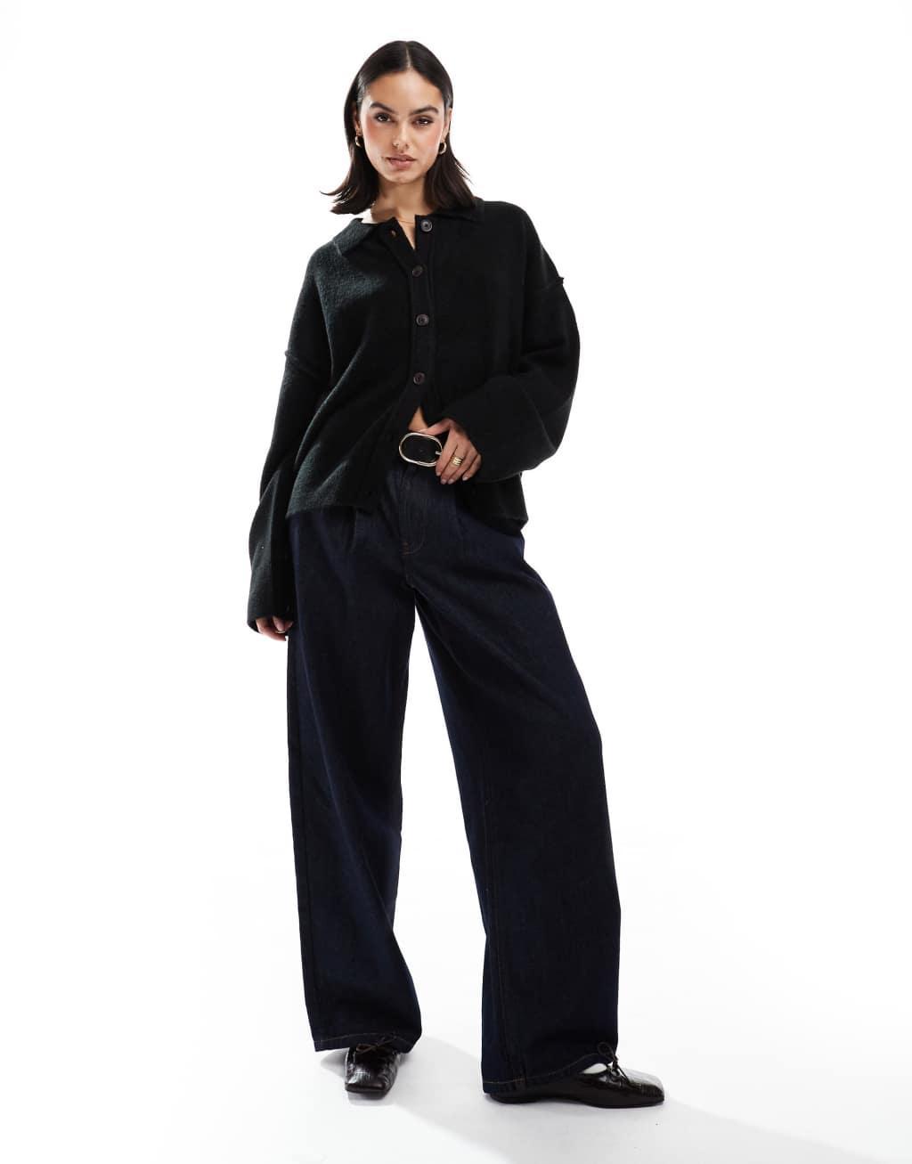 ASOS DESIGN knitted collar shirt cardigan with seam detail in black Product Image