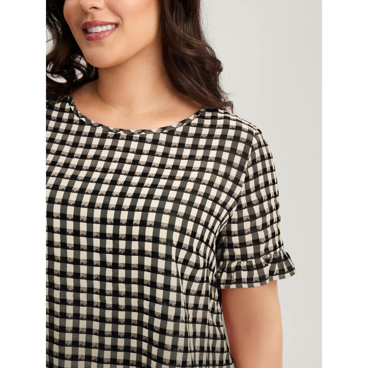 Plus Size Indigo Gingham Print Button Back Blouse Women Short sleeve Round Neck Everyday-Casual Blouses BloomChic 26/4X Product Image