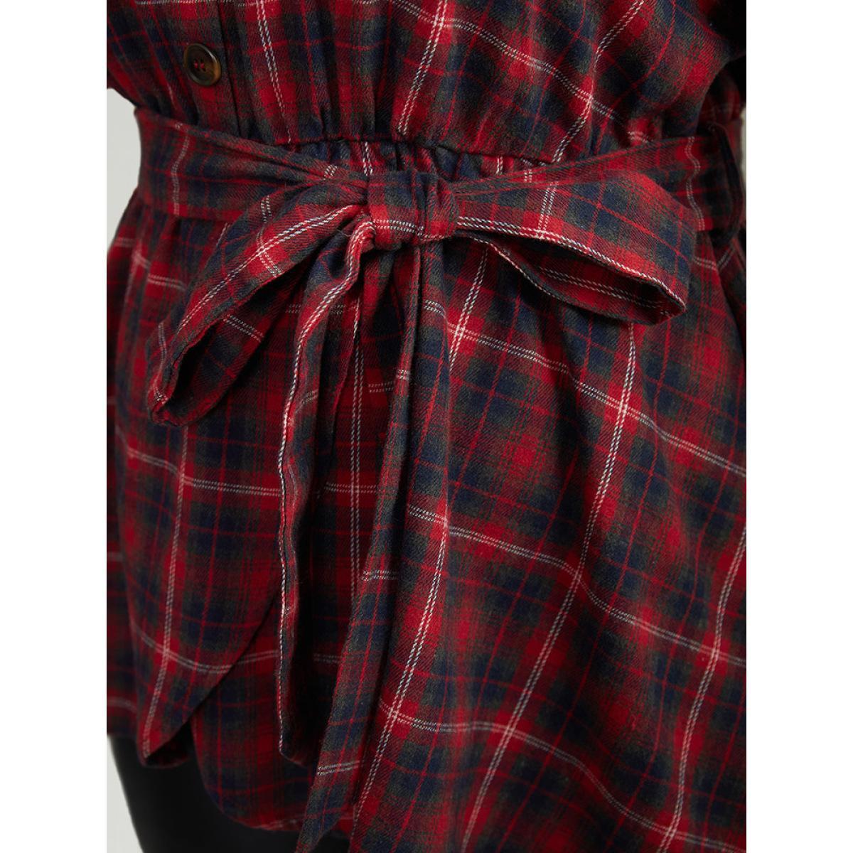 Plus Size Raspberry Plaid Shirt Collar Belted Button Through Blouse Women Elegant Long Sleeve Shirt collar Festival-Christmas Blouses BloomChic 28/5X Product Image