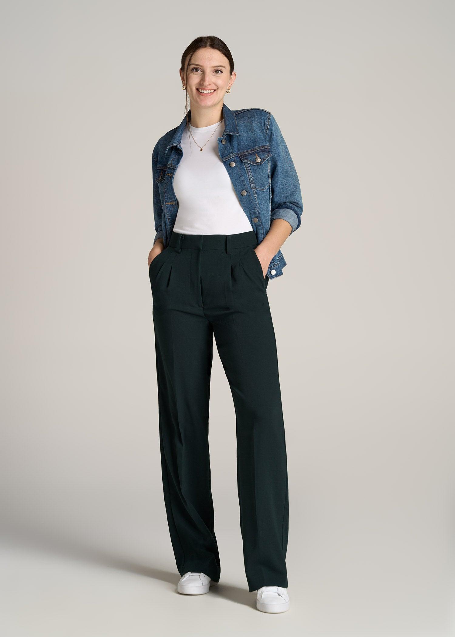 Pleated WIDE Leg Dress Pants for Tall Women in Midnight Green Product Image