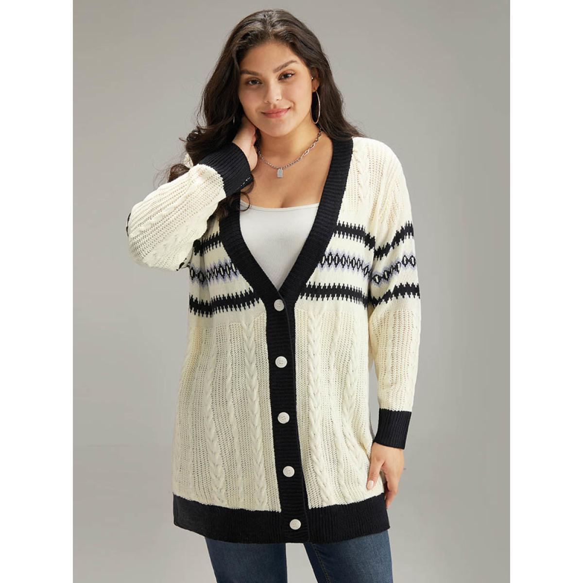 Plus Size Cable Knit Striped Geo Button Fly Cardigan Beige Women Casual Loose Long Sleeve Dailywear Cardigans BloomChic 30/6X Product Image