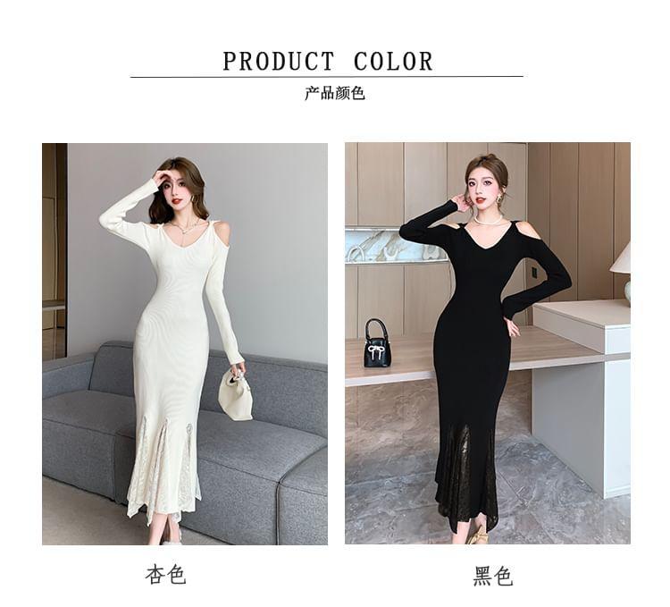 Long Sleeve Cold Shoulder V-Neck Plain Maxi Bodycon Dress Product Image