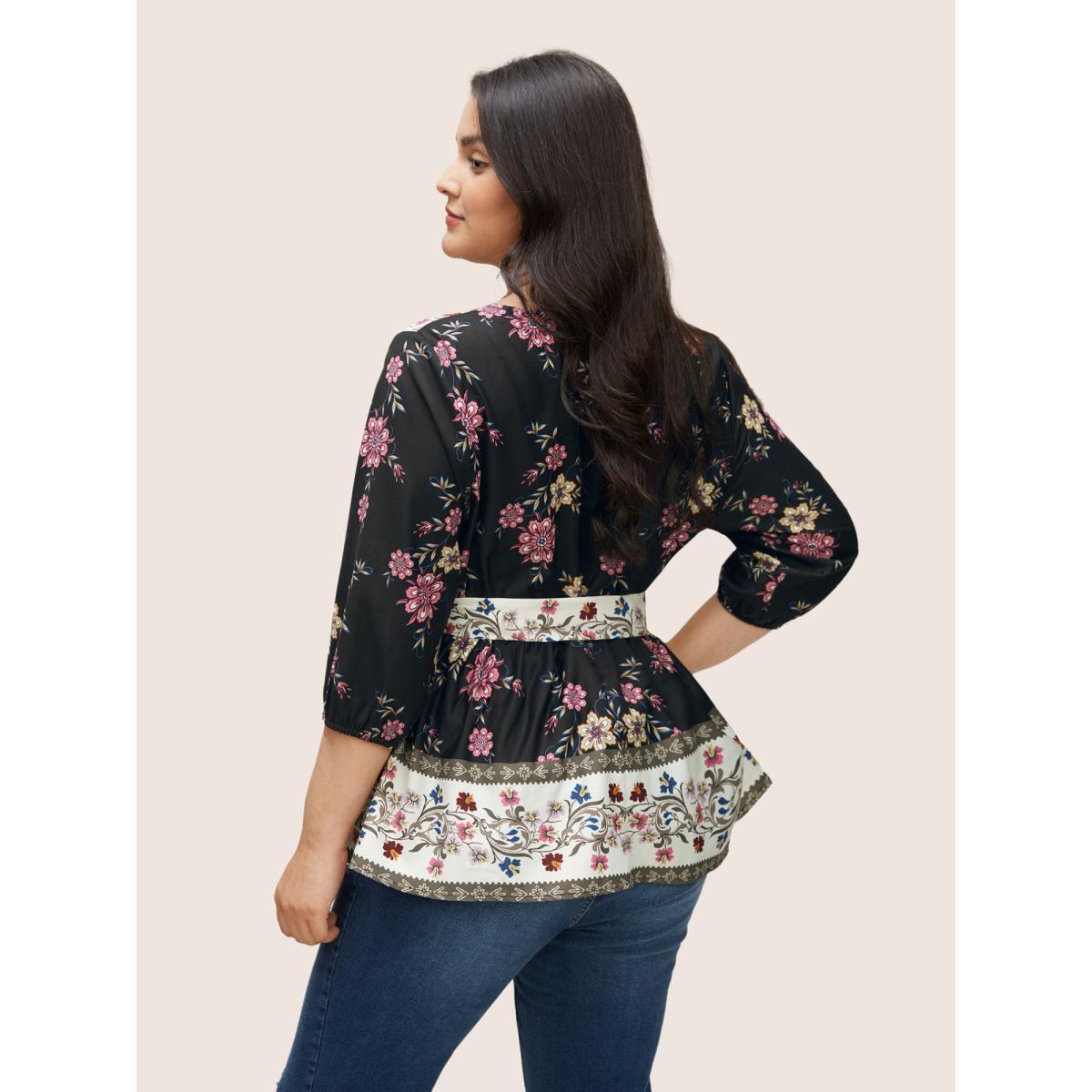 Plus Size Black Boho Print Overlap Collar Belted Blouse Women Resort Elbow-length sleeve Overlap Collar Vacation Blouses BloomChic 30/6X Product Image