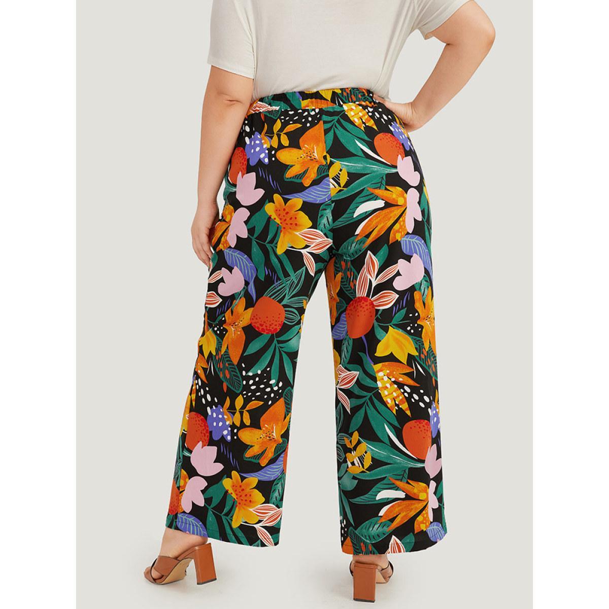 Plus Size Floral Print Pocket Elastic Waist Loose Pants Women Black Elegant Straight Leg High Rise Dailywear Pants BloomChic 28/5X Product Image