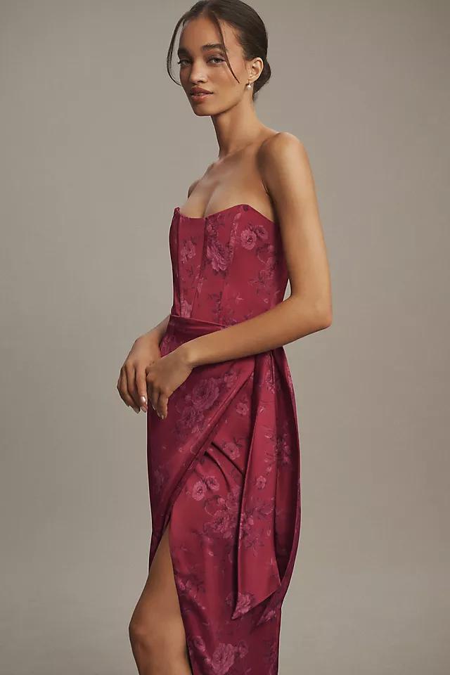 V. Chapman June Printed Corset Front-Slit Satin Gown Product Image