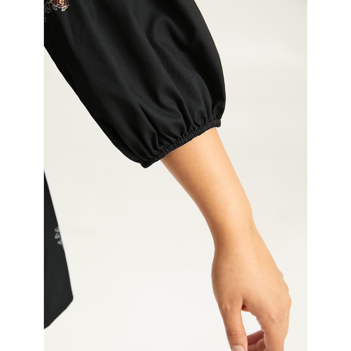 Plus Size Black Boho Print Lantern Sleeve Button Detail Blouse Women Vacation Elbow-length sleeve Round Neck Vacation Blouses BloomChic 12/L Product Image