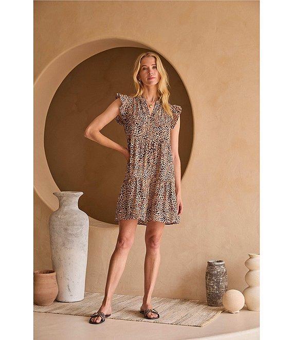 Skies Are Blue Leopard Print Split V-Neck Ruffle Cap Sleeves Shift Mini Dress Product Image