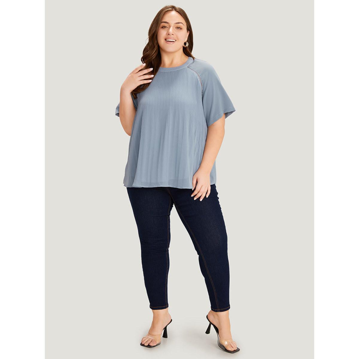 Plus Size Stone Solid Pleated Raglan Sleeve Patchwork Blouse Women Elegant Short sleeve Round Neck Dailywear Blouses BloomChic 22-24/3X Product Image