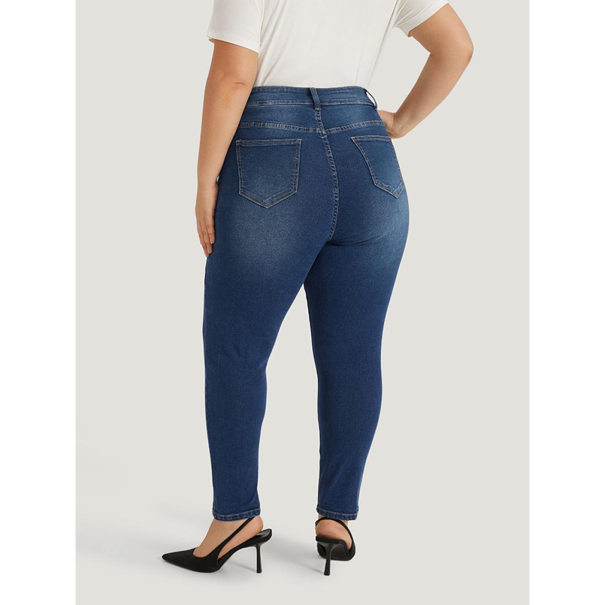Plus Size Solid Very Stretchy Patchwork High Rise Jeans Women Blue Casual Plain Plain High stretch Pocket Jeans BloomChic 24/3X Product Image