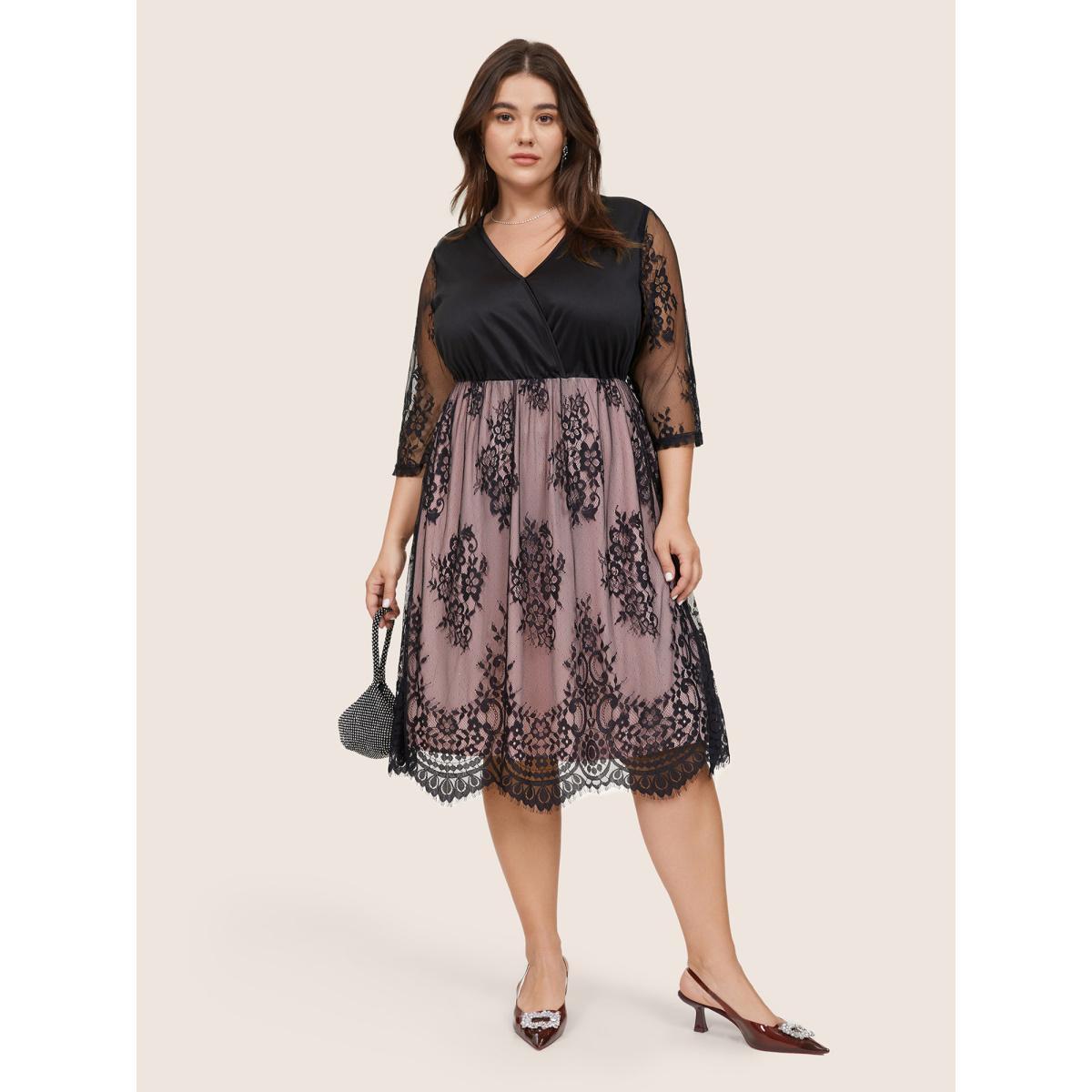 Plus Size Crochet Lace Mesh Overlap Collar Dress Black Women Glamour Lined Overlap Collar Elbow-length sleeve Curvy Midi Dress BloomChic 18-20/2X Product Image