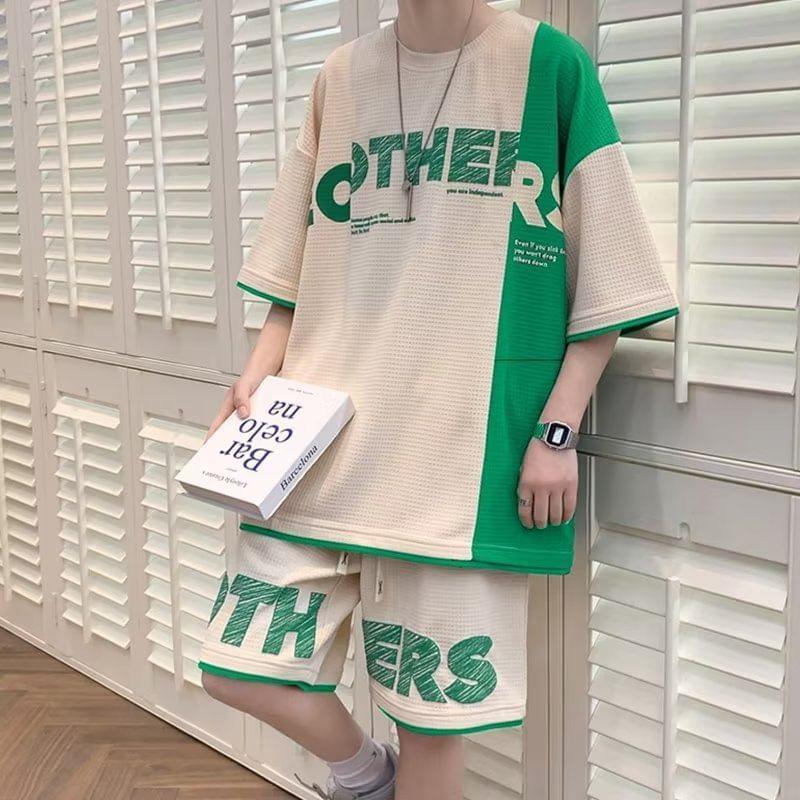 Set: Elbow-Sleeve Two Tone Lettering T-Shirt + Shorts Product Image