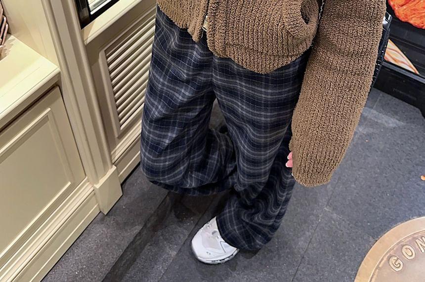 Plain Hooded Zip Jacket / High Waist Plaid Wide Leg Pants Product Image