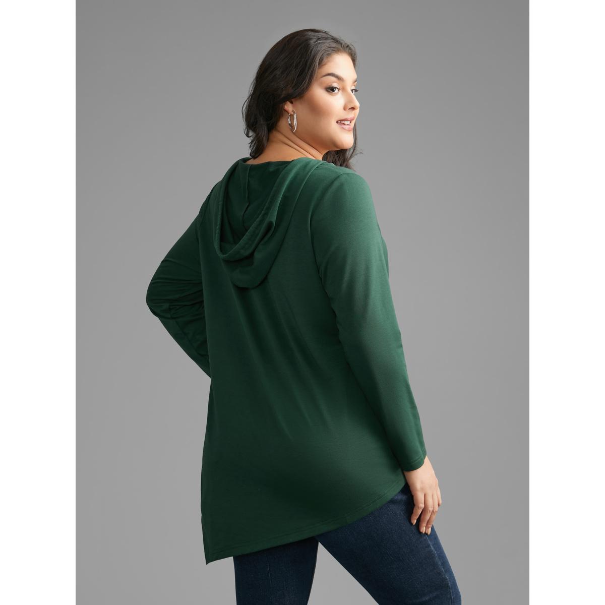 Plus Size Hooded Drawstring Asymmetrical Hem Sweatshirt Women DarkGreen Casual Drawstring Loose Hooded Everyday Sweatshirts BloomChic 28/5X Product Image