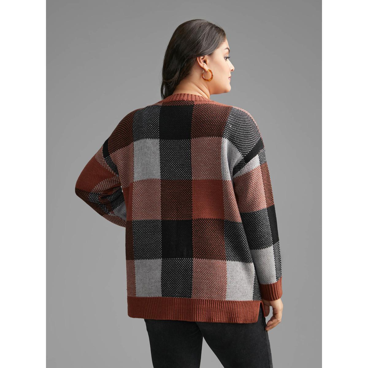 Plus Size Plaid Contrast Slit Hem Pullover Yellowishbrown Women Casual Loose Long Sleeve Round Neck Everyday Pullovers BloomChic 22-24/3X Product Image