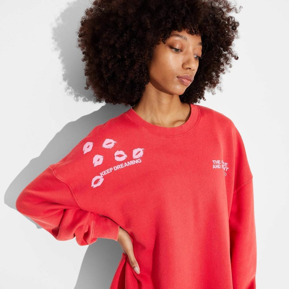 Women's Oversized Pullover Sweatshirt - Wild Fable™ Cherry Red XL: Heavyweight Fleece, Loose Fit, Crew Neck, Long Sleeve Product Image