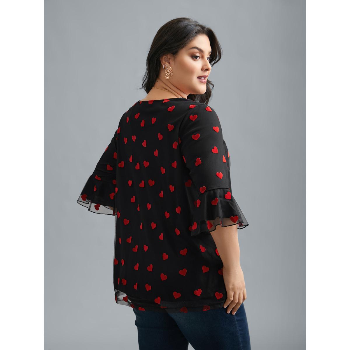 Plus Size Black V-Neck Hearts Mesh Lace Detailing Blouse Women Elegant Elbow-length sleeve V-neck Everyday Blouses BloomChic 10/M Product Image