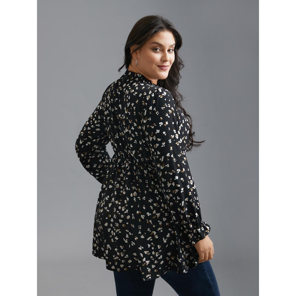 Plus Size Black Color Leopard Print Frill Trim Blouse Women Elegant Long Sleeve Round Neck Everyday Blouses BloomChic 26/4X Product Image