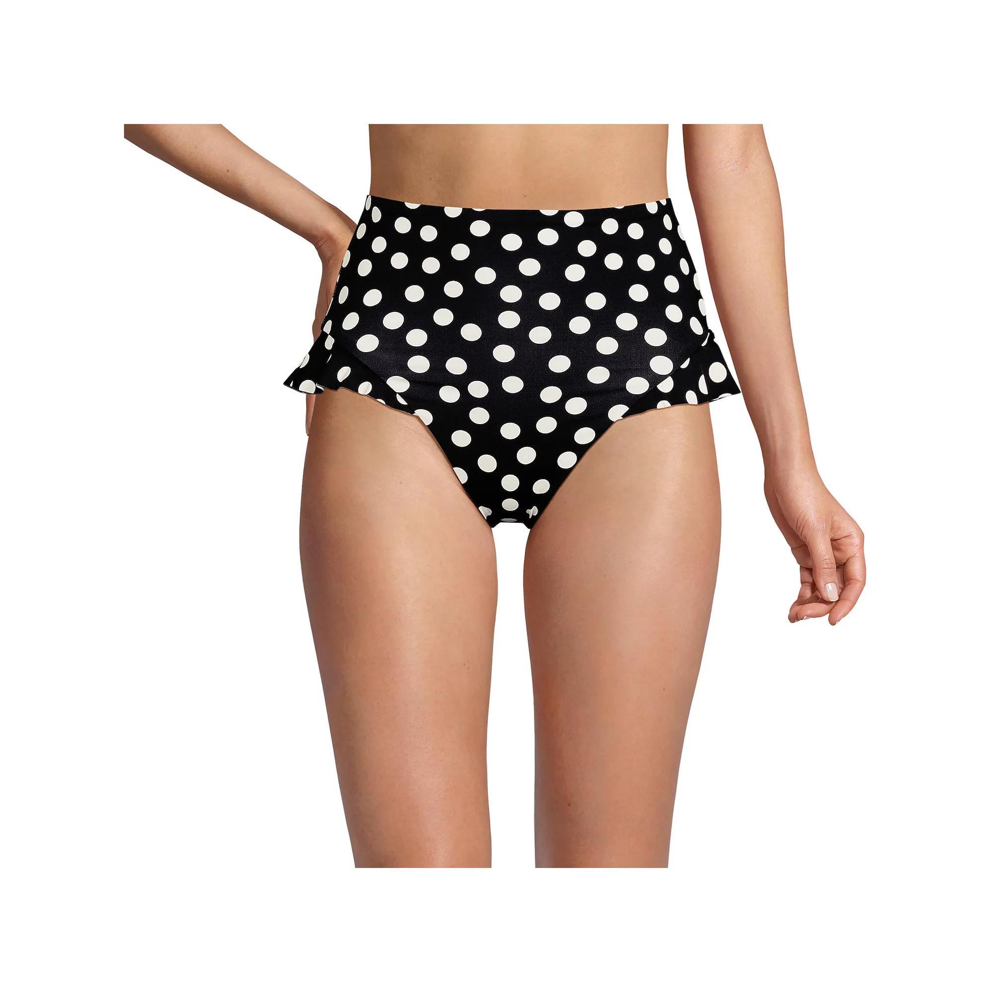 Women's Lands' End Ruffle High Waisted High Leg Swim Bottoms, Size: 12, Black White Dots Product Image