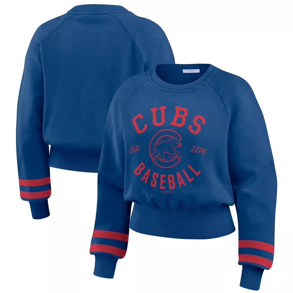 Women's WEAR by Erin Andrews  Royal Chicago Cubs Vintage Washed Cropped Pullover Sweatshirt, Size: 2XL, Blue Product Image
