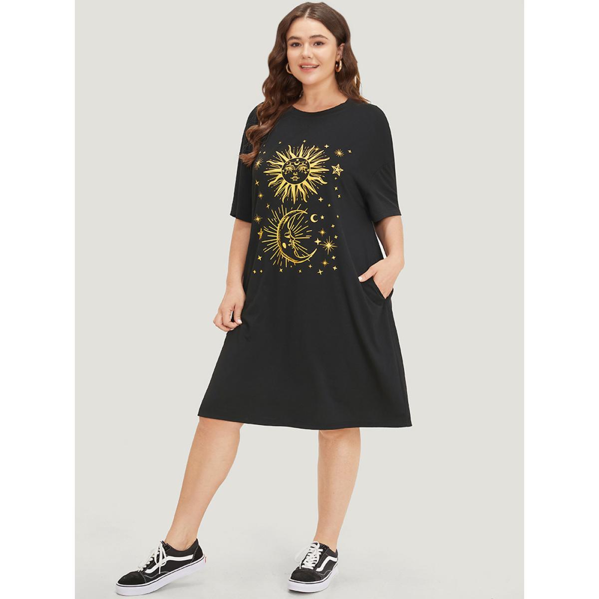 Plus Size Supersoft Essentials Star & Moon Print Pocket Crew Neck Dress Black Women Casual Plain Curvy Knee Dress BloomChic 12/L Product Image