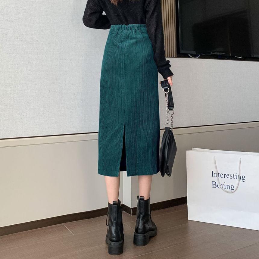 Elastic Waist Plain Slit Corduroy Midi H-Line Skirt Product Image