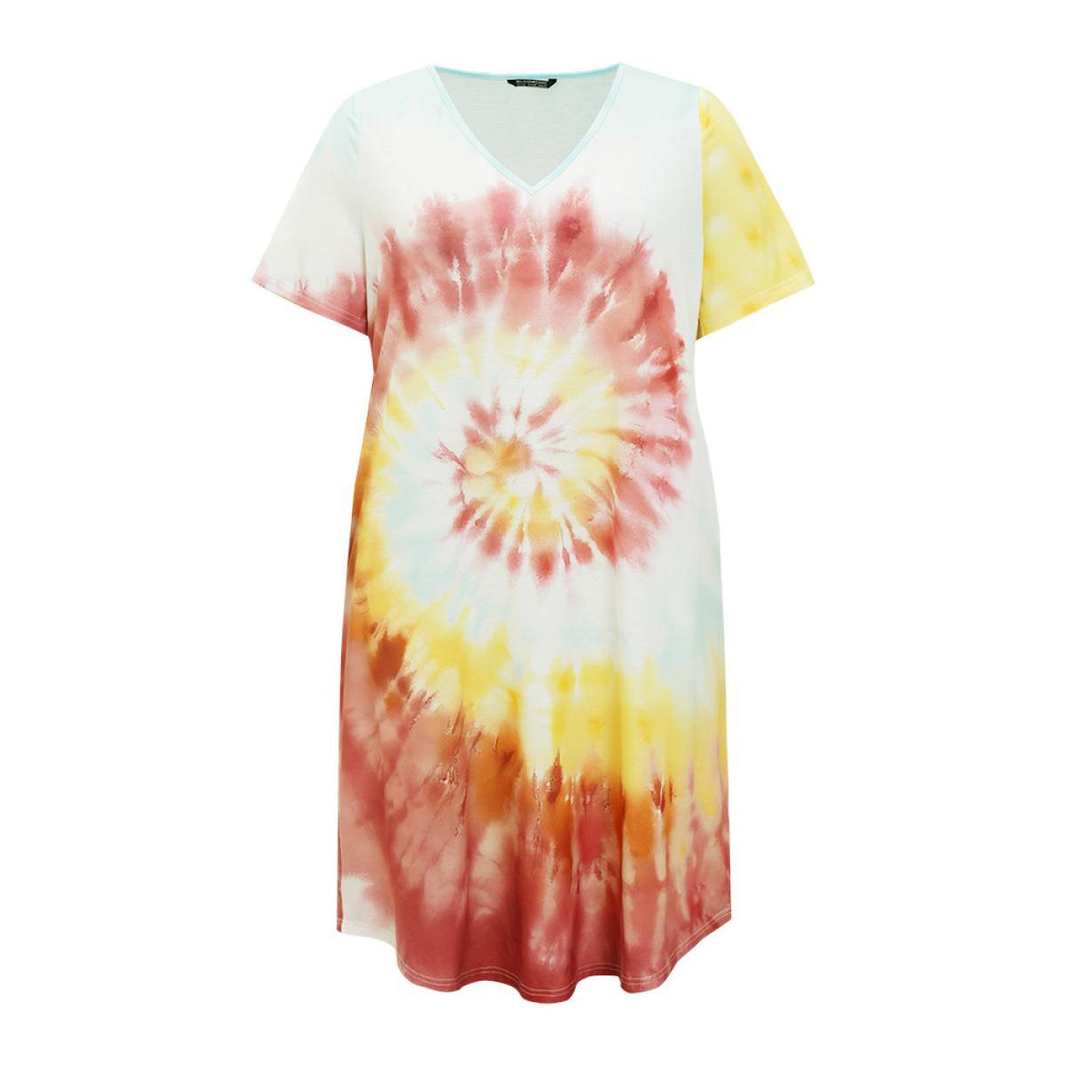 Plus Size Tie Dye Pocket Short Sleeve V Neck Midi Dress Multicolor Women Casual Printed V-neck Short sleeve Curvy Midi Dress BloomChic 28/5X Product Image