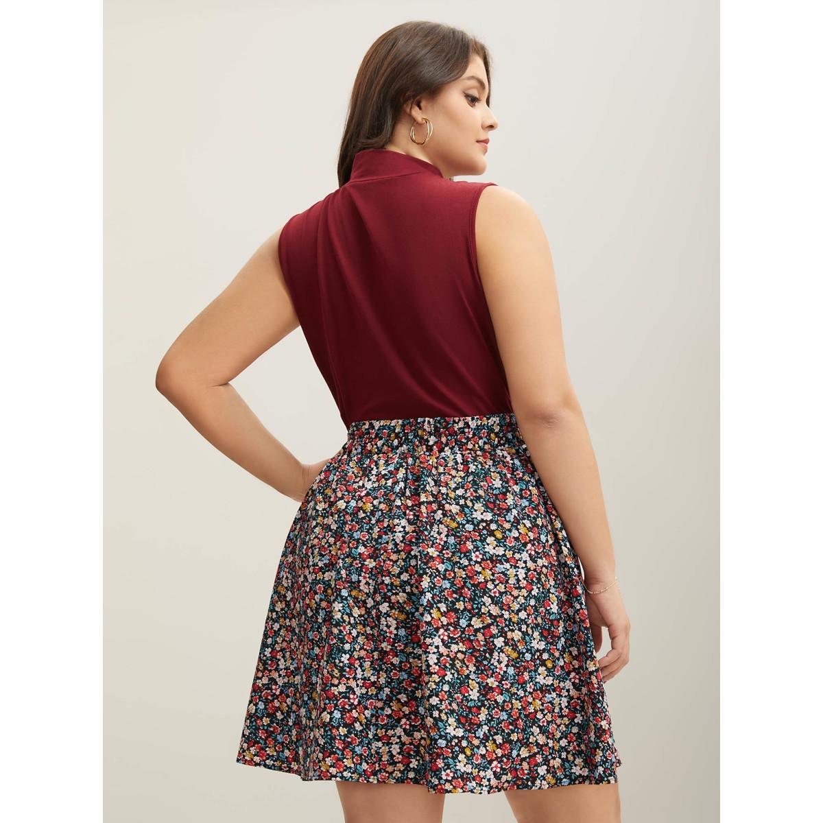 Plus Size Floral Print Stretchy Smocked Waist Mini Skirt Women Multicolor Elegant Gathered Low stretch Side seam pocket Everyday Skirts BloomChic 14-16/1X Product Image
