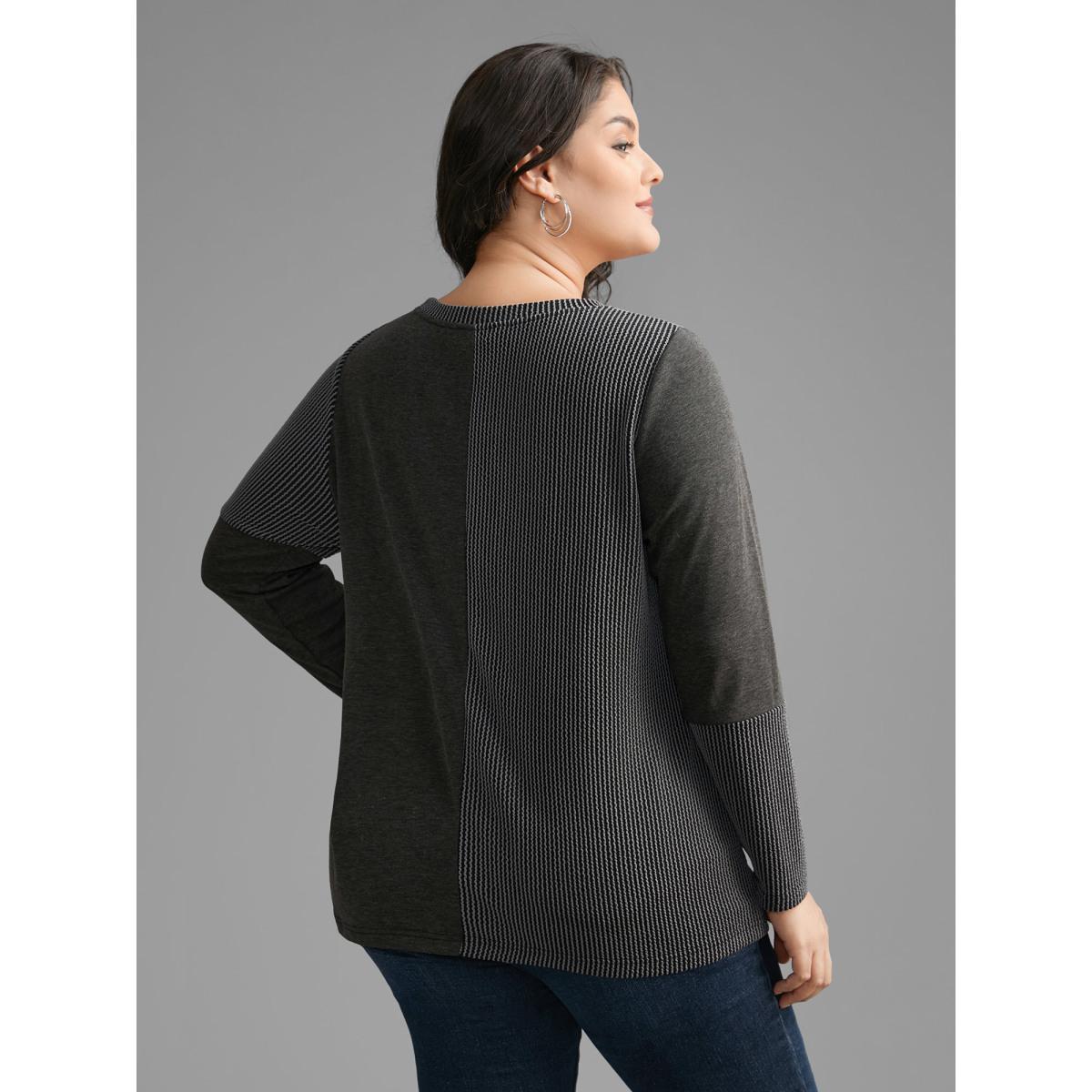 Plus Size Round Neck Textured Patchwork T-shirt Black Women Casual Texture Round Neck Everyday T-shirts BloomChic 10/M Product Image