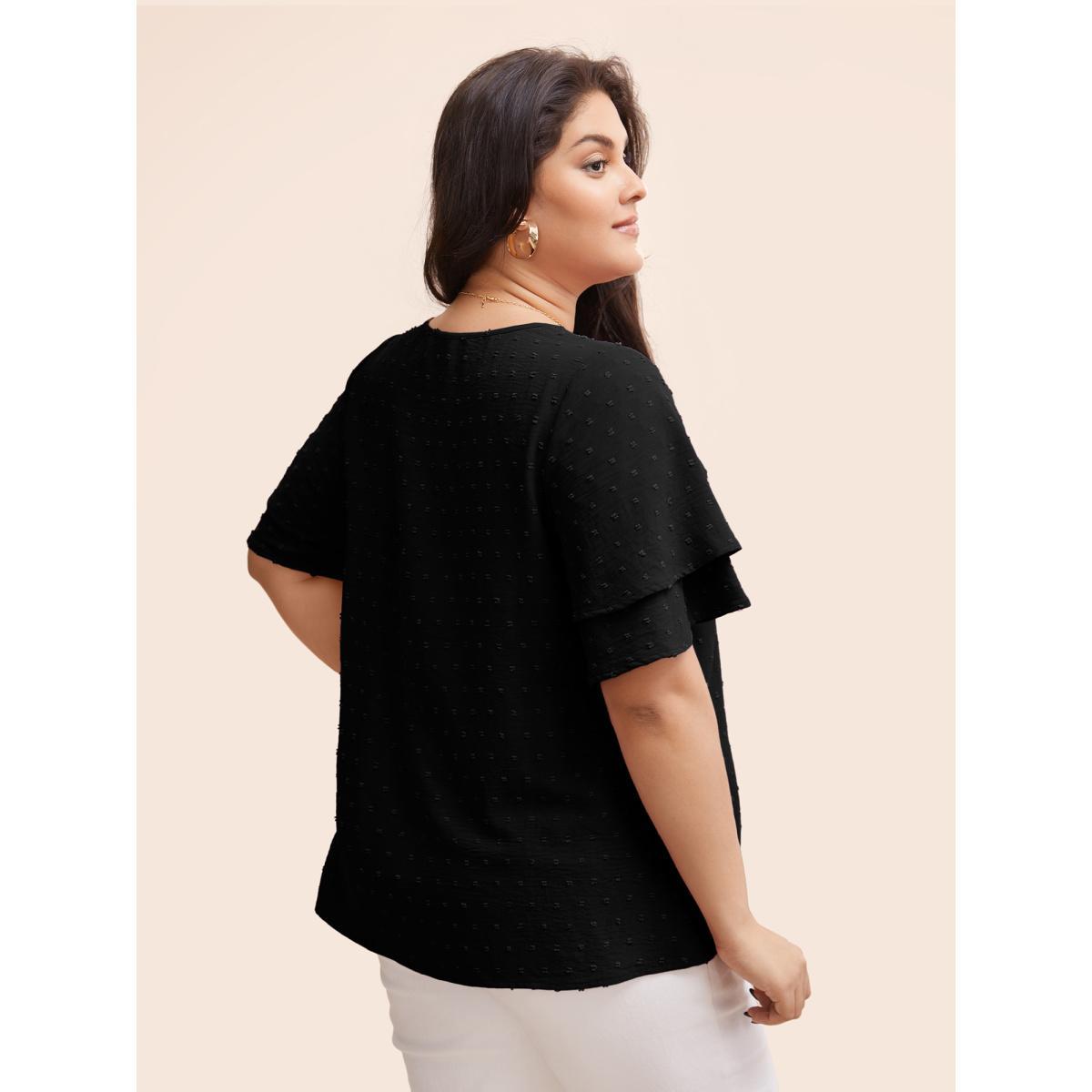 Plus Size Black Plain Ruffle Tiered Sleeve V Neck Polka Dot Blouse Women Elegant Short sleeve V-neck Everyday Blouses BloomChic 30/6X Product Image