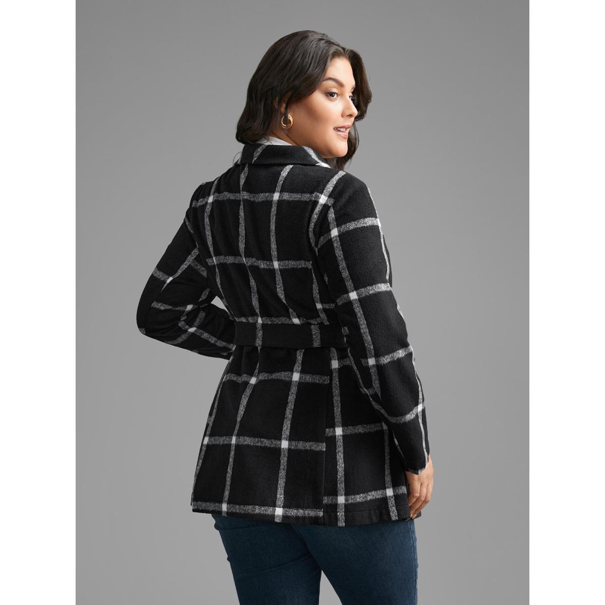 Plus Size Plaid Lapel Collar Belted Jacket Women Black Belted Slanted pocket Belt Everyday Jackets BloomChic 18-20/2X Product Image