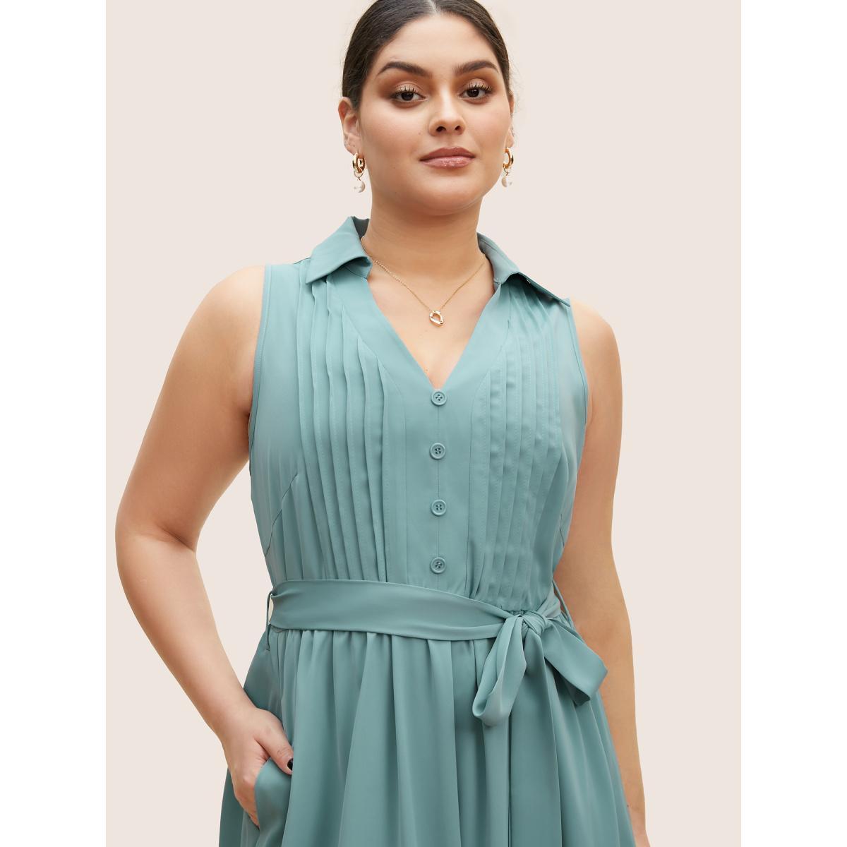 Plus Size Plain Button Detail Belted Pleated Sleeveless Dress Stone Women Work From Home Belted Shirt collar Sleeveless Curvy BloomChic 28/5X Product Image