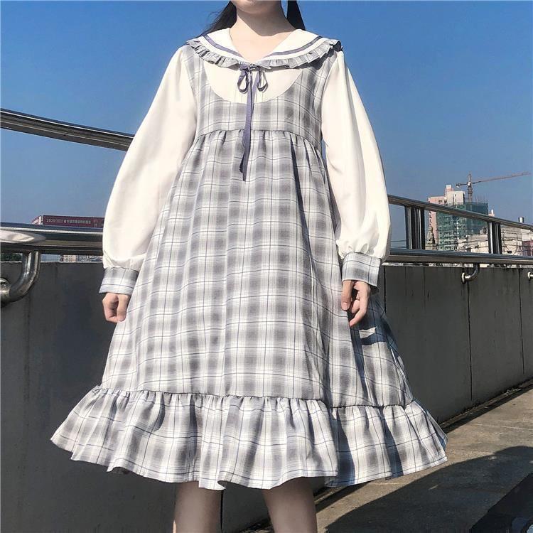 Puff-Sleeve Collar Plaid Bow Smock Dress Product Image