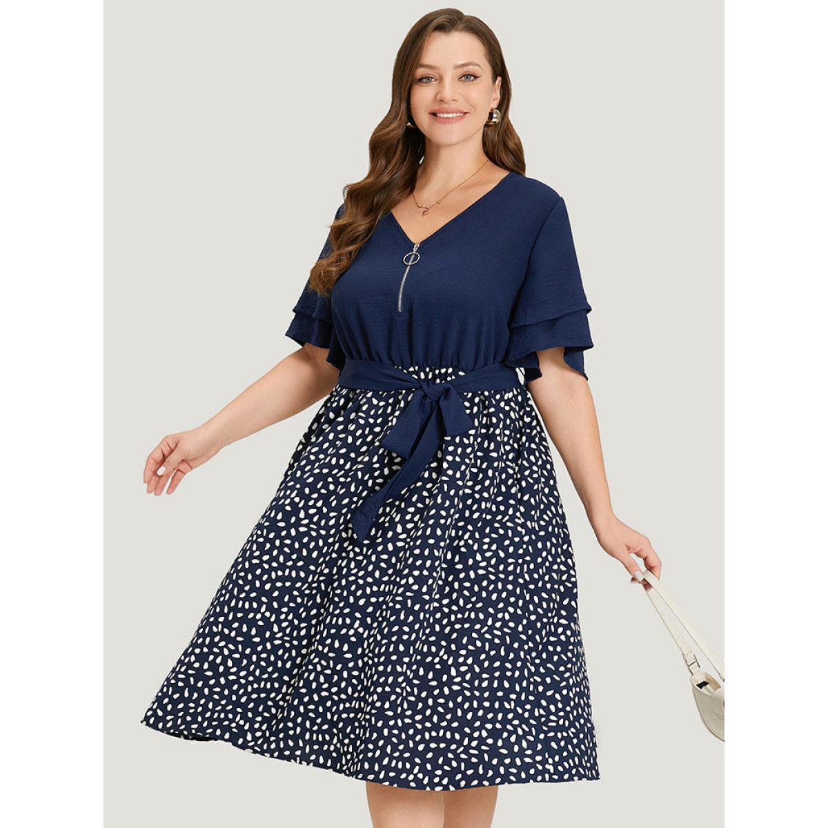 Plus Size Water Drop Print Patchwork Ruffle Zipper Belted Dress Navy Women Office Plain V-neck Short sleeve Curvy Midi Dress BloomChic 26/4X Product Image