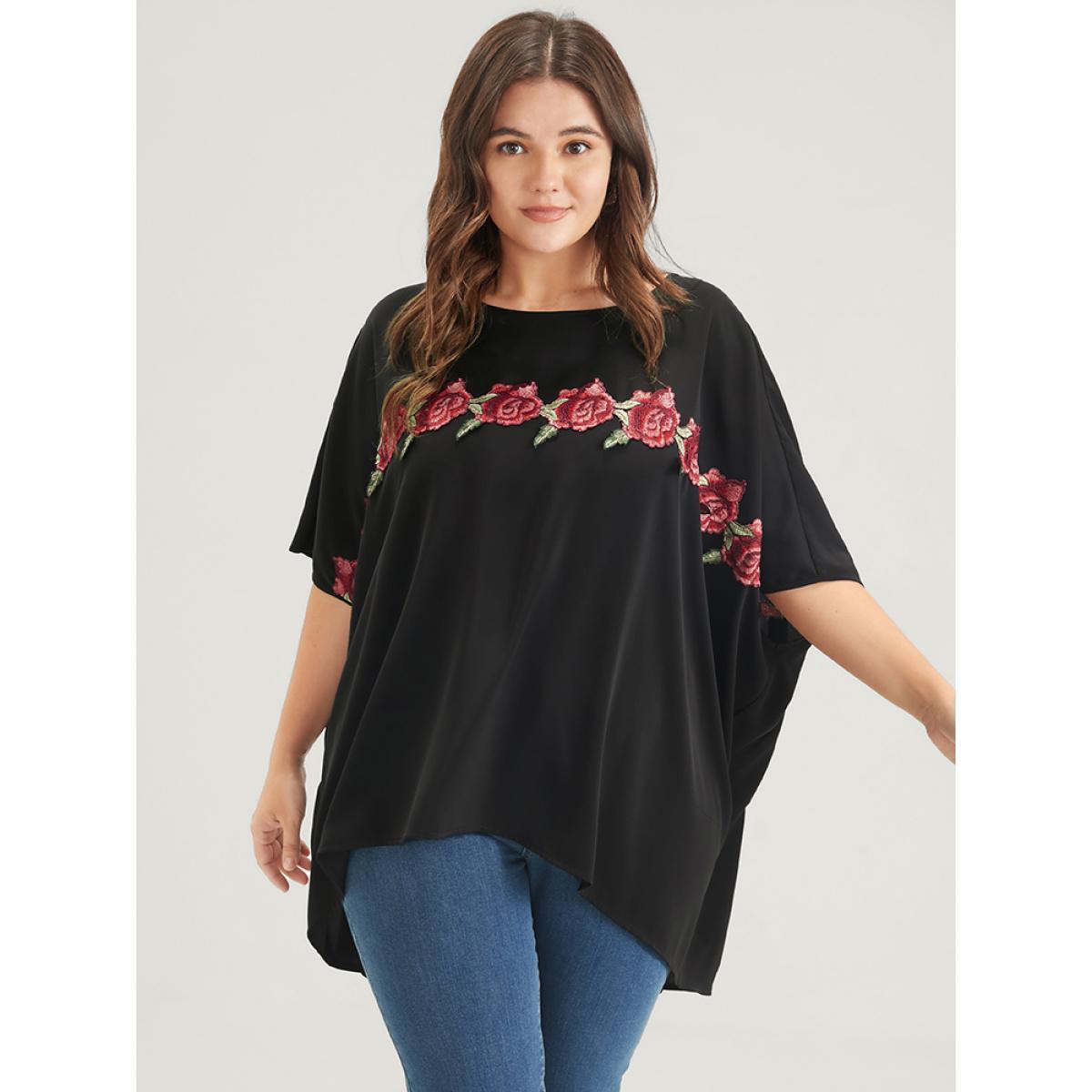 Plus Size Black Plain Ruffles Asymmetrical Hem Dolman Sleeve Embroidered Blouse Women Casual Half Sleeve Round Neck Dailywear Blouses BloomChic 18-20/2X Product Image