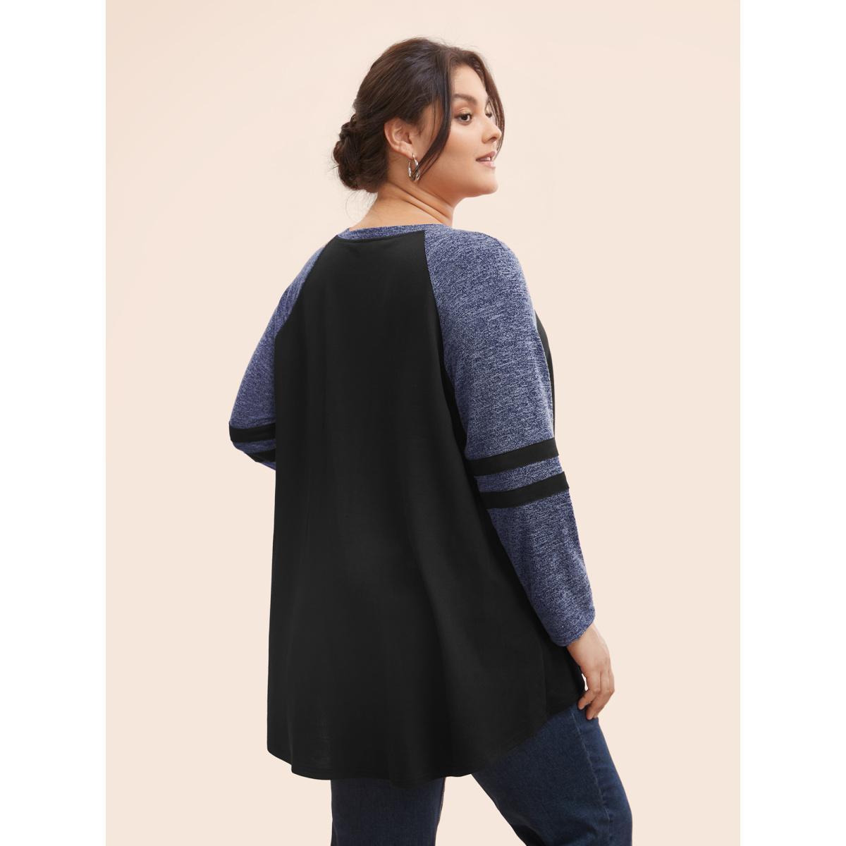 Plus Size Striped Contrast Pocket Raglan Sleeve High Low Hem Sweatshirt Women Maroon Casual Contrast Round Neck Everyday Sweatshirts BloomChic 30/6X Product Image