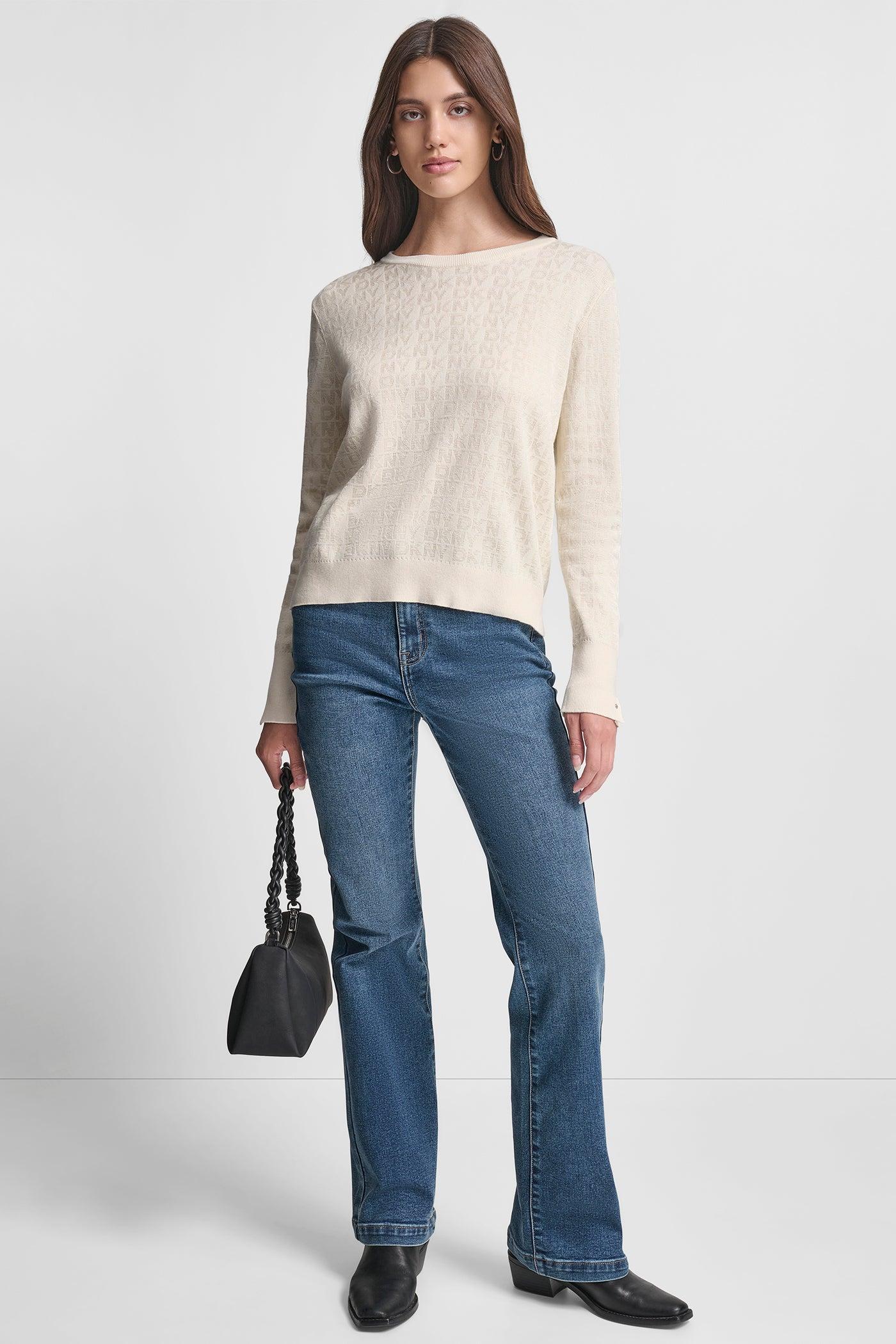 LONG SLEEVE CREW NECK LOGO SWEATER WITH CUFF SLIT Product Image