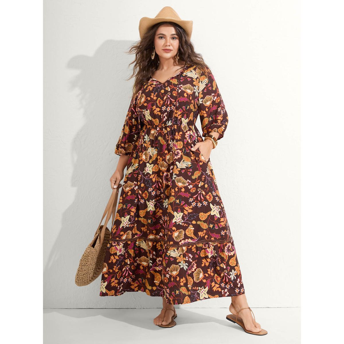 Plus Size Boho Print Stretchy Waist Maxi Dress Browncoffeecolor Women Woven ribbon&lace trim Flat collar with V-notch Elbow-length sleeve Curvy BloomChic 10/M Product Image