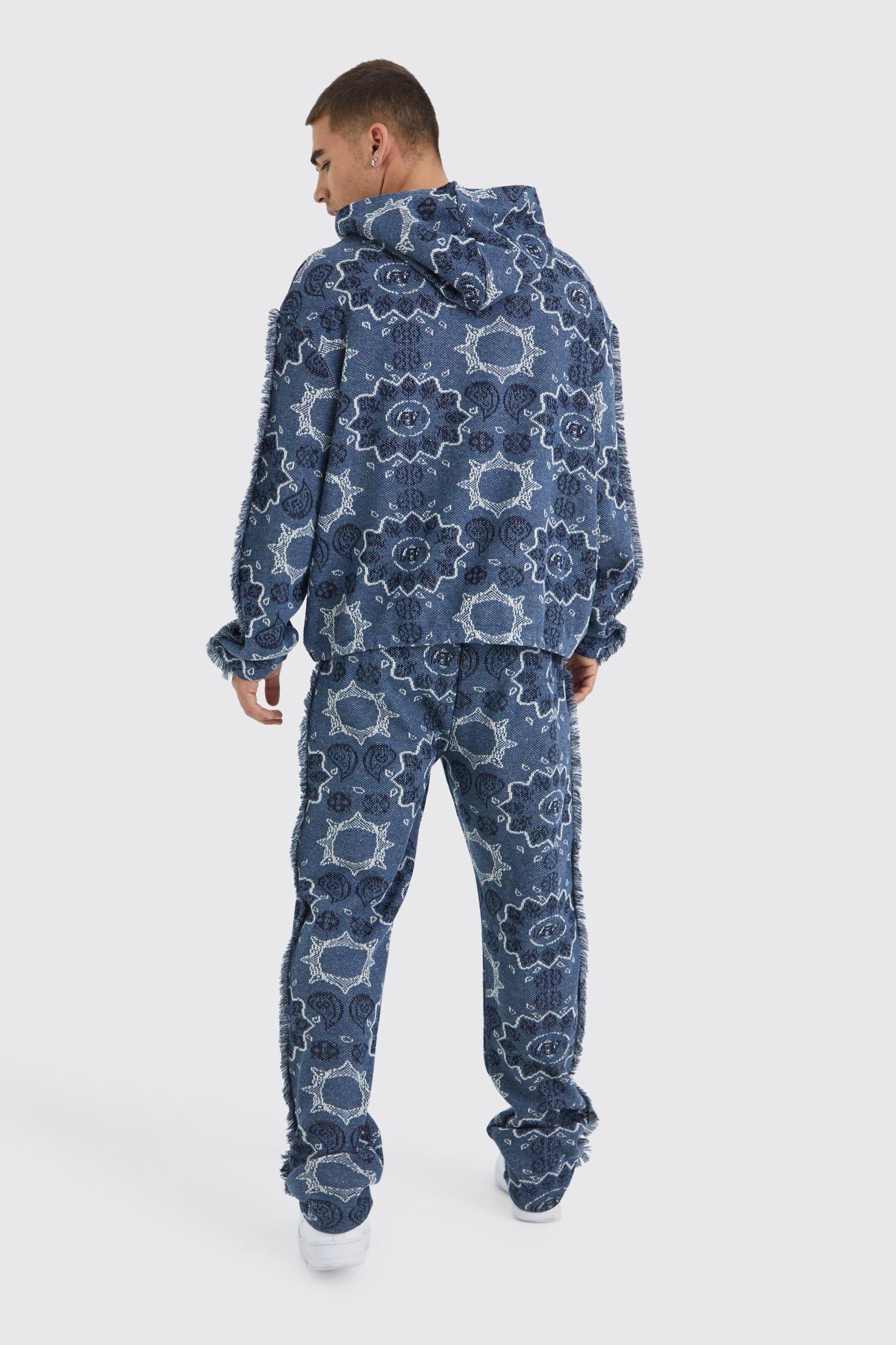 Oversized Fringed Heavyweight Jacquard Tapestry Hoodie | boohooMAN USA Product Image