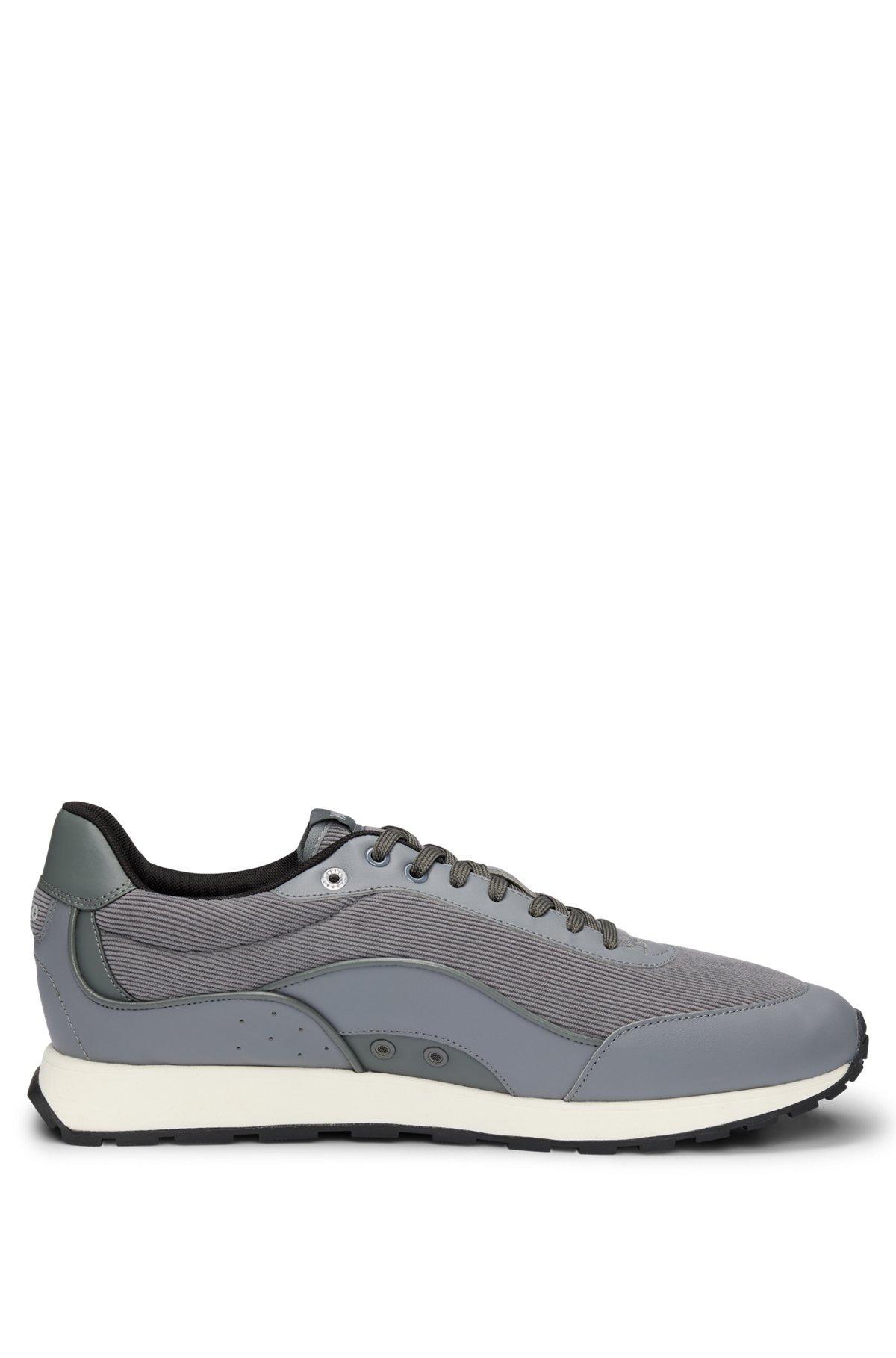 HUGO - Mixed-material trainers with corduroy-effect trims - Grey Product Image
